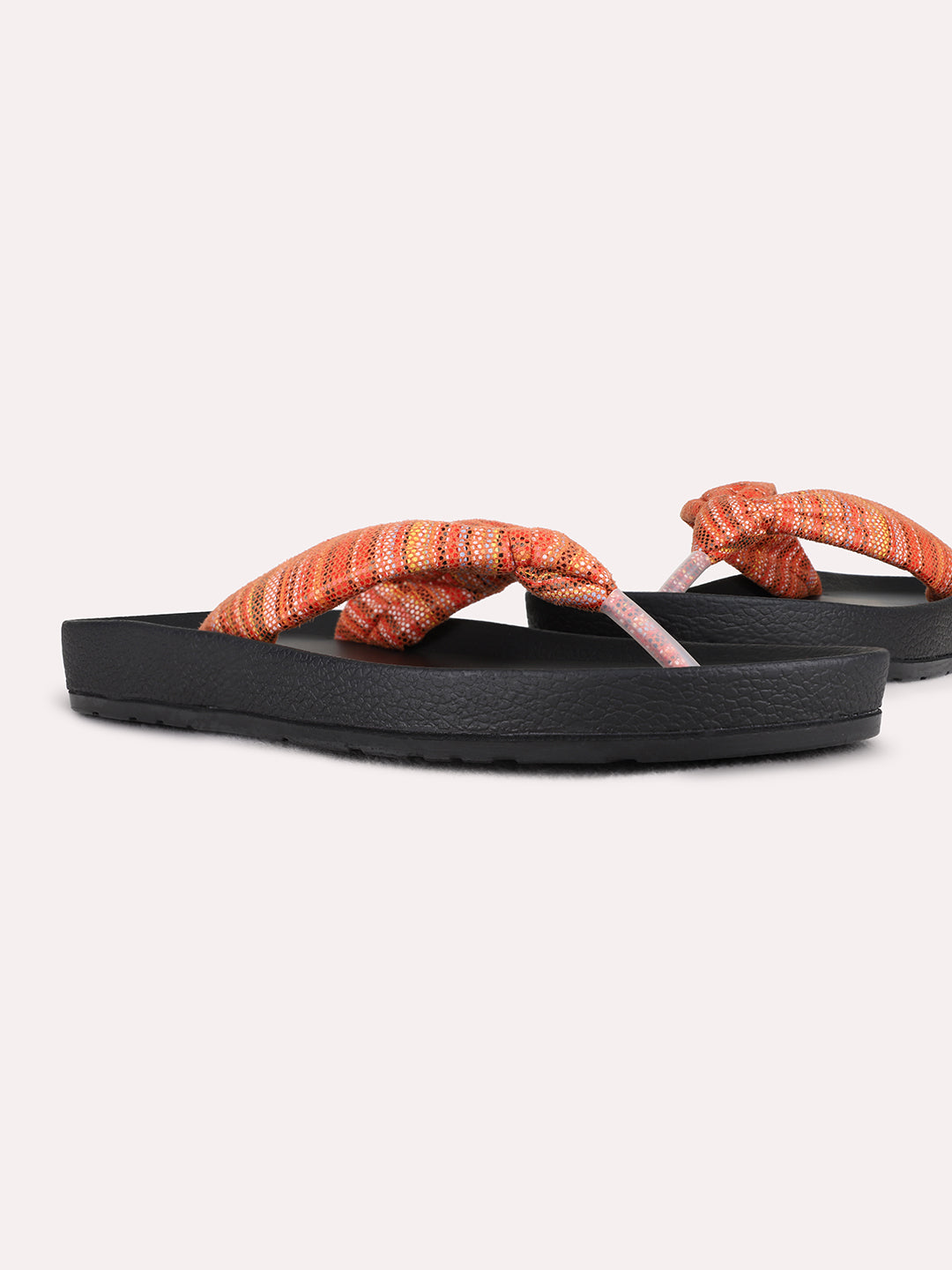 Womens Orange Casual Printed T-Strap Flat Slip-Ons