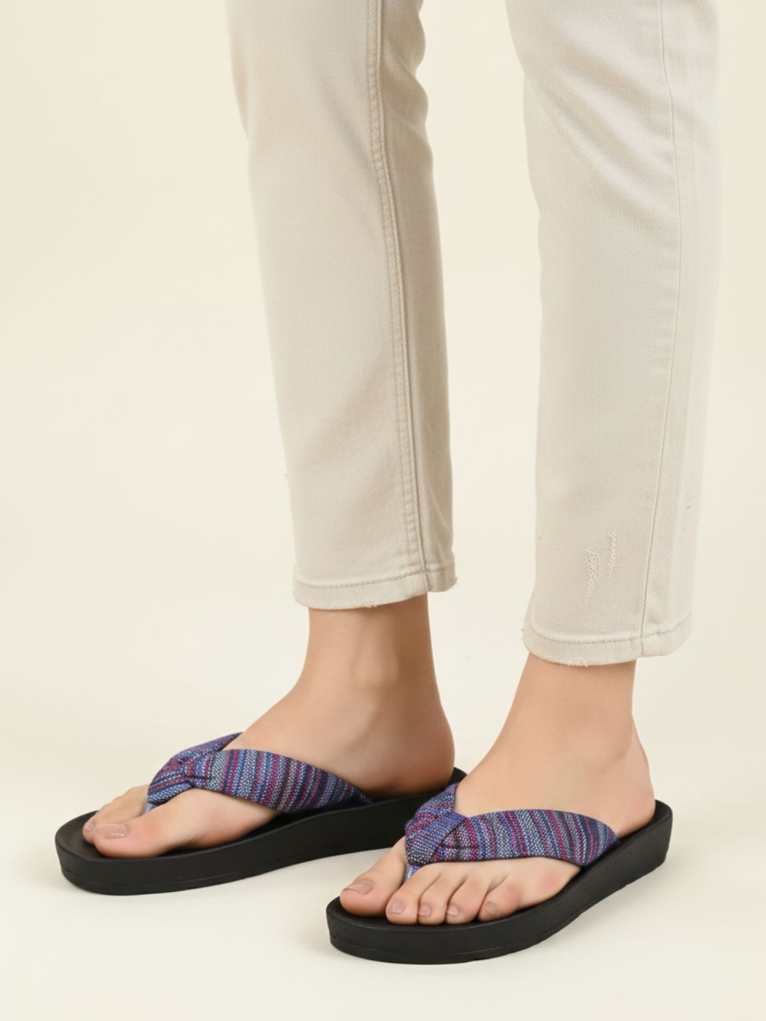 Womens Purple Casual Printed T-Strap Flat Slip-Ons