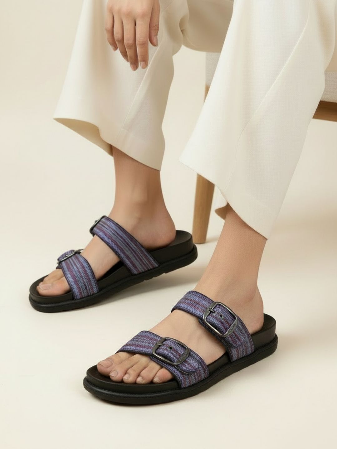 Womens Purple Casual Printed Open Toe Flat Slip-Ons