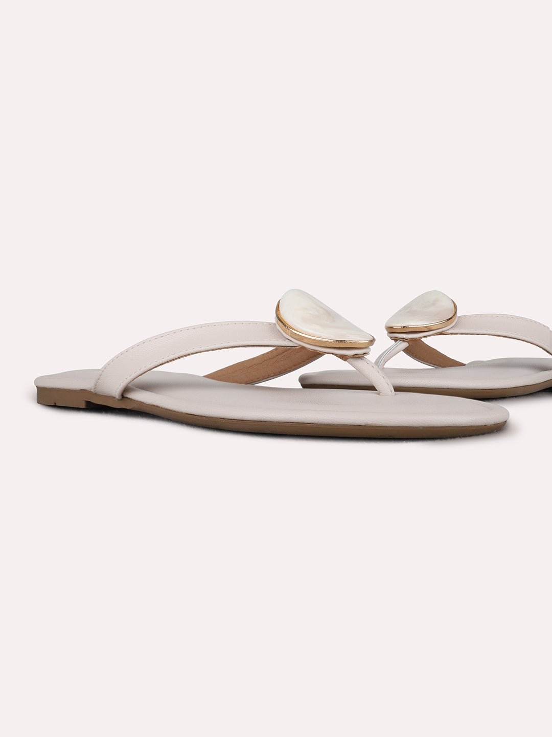 Womens Cream Casual Solid T-Strap Flat Slip-Ons