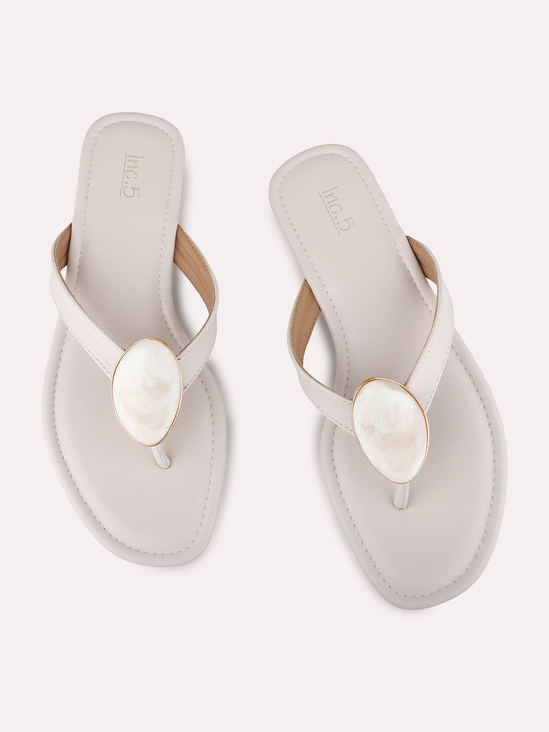Womens Cream Casual Solid T-Strap Flat Slip-Ons