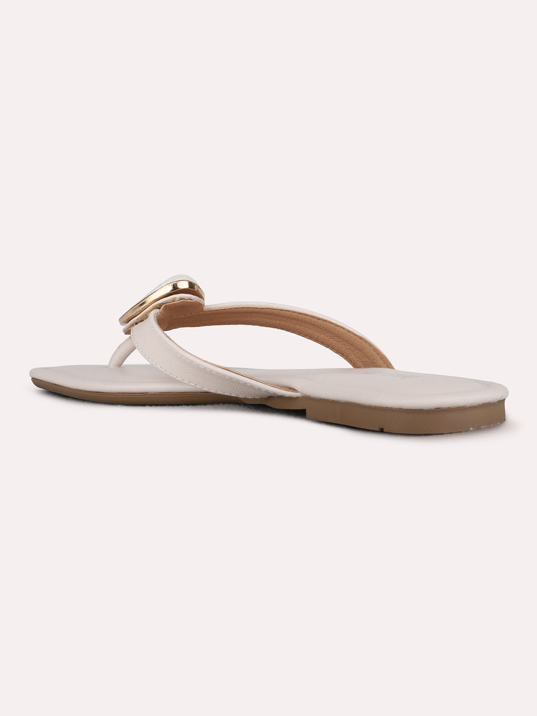 Womens Cream Casual Solid T-Strap Flat Slip-Ons