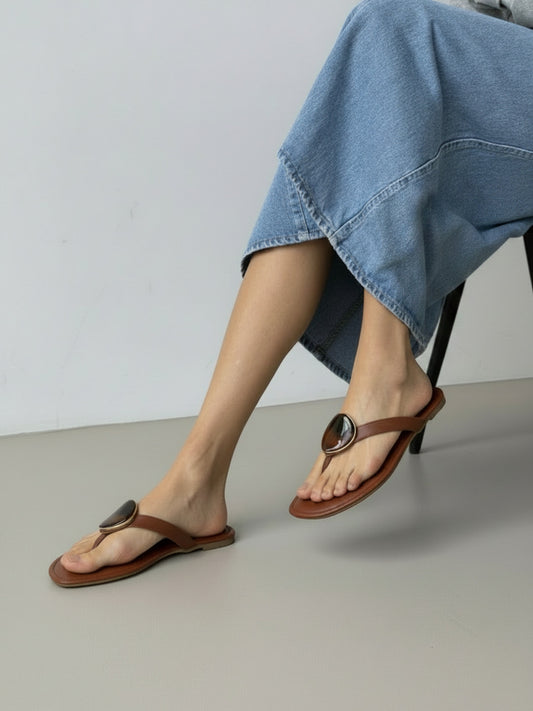 Womens Tan Casual Solid T-Strap Flat Slip-Ons