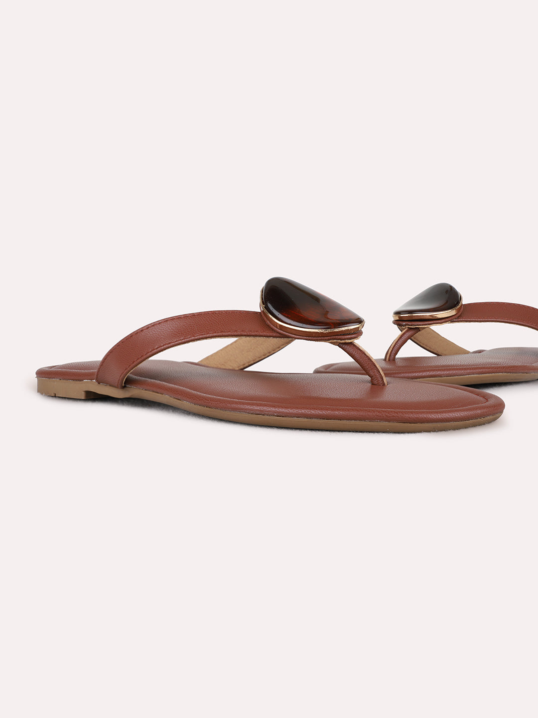 Womens Tan Casual Solid T-Strap Flat Slip-Ons