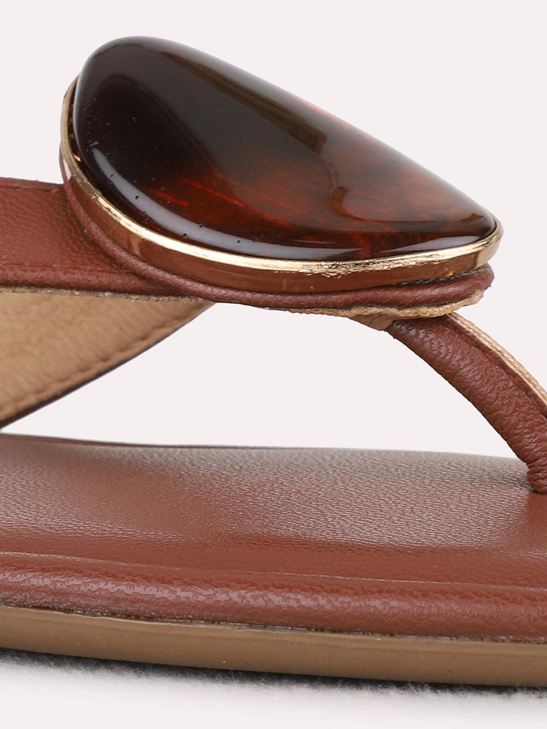 Womens Tan Casual Solid T-Strap Flat Slip-Ons