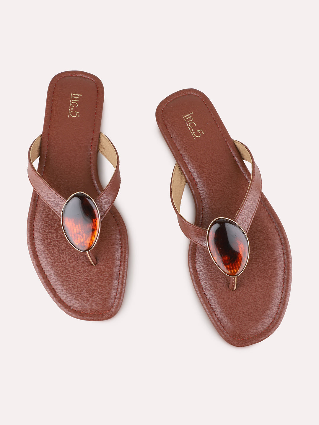 Womens Tan Casual Solid T-Strap Flat Slip-Ons
