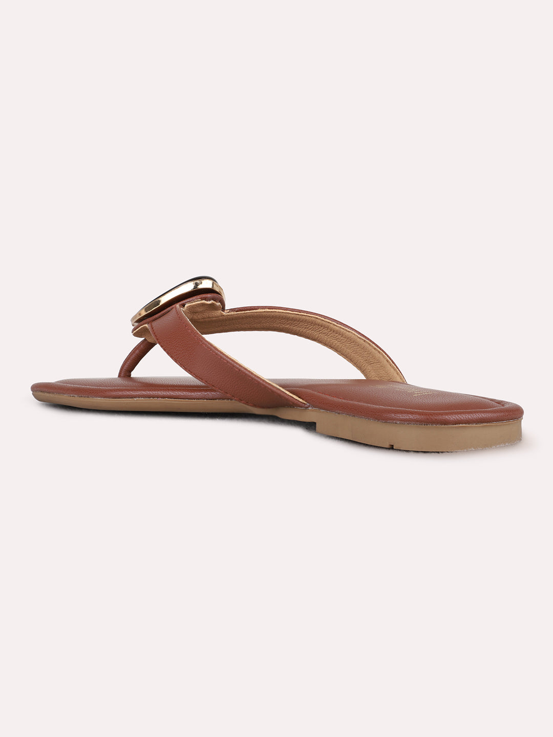 Womens Tan Casual Solid T-Strap Flat Slip-Ons