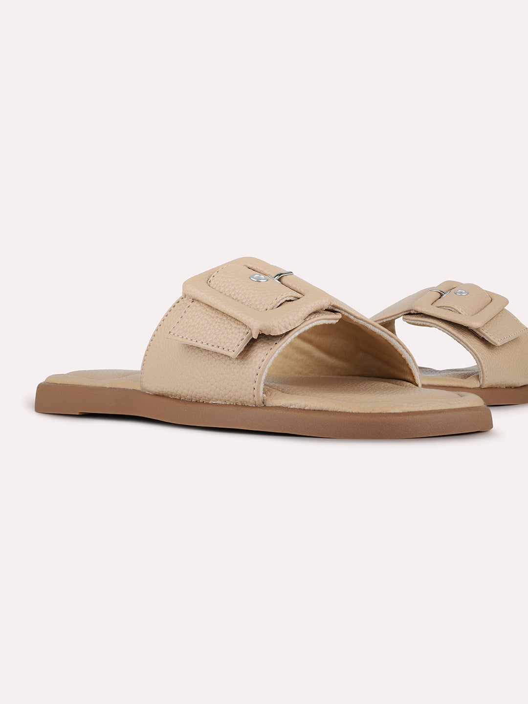 Womens Beige Casual Solid Pattern Open Toe Slip-On Flats