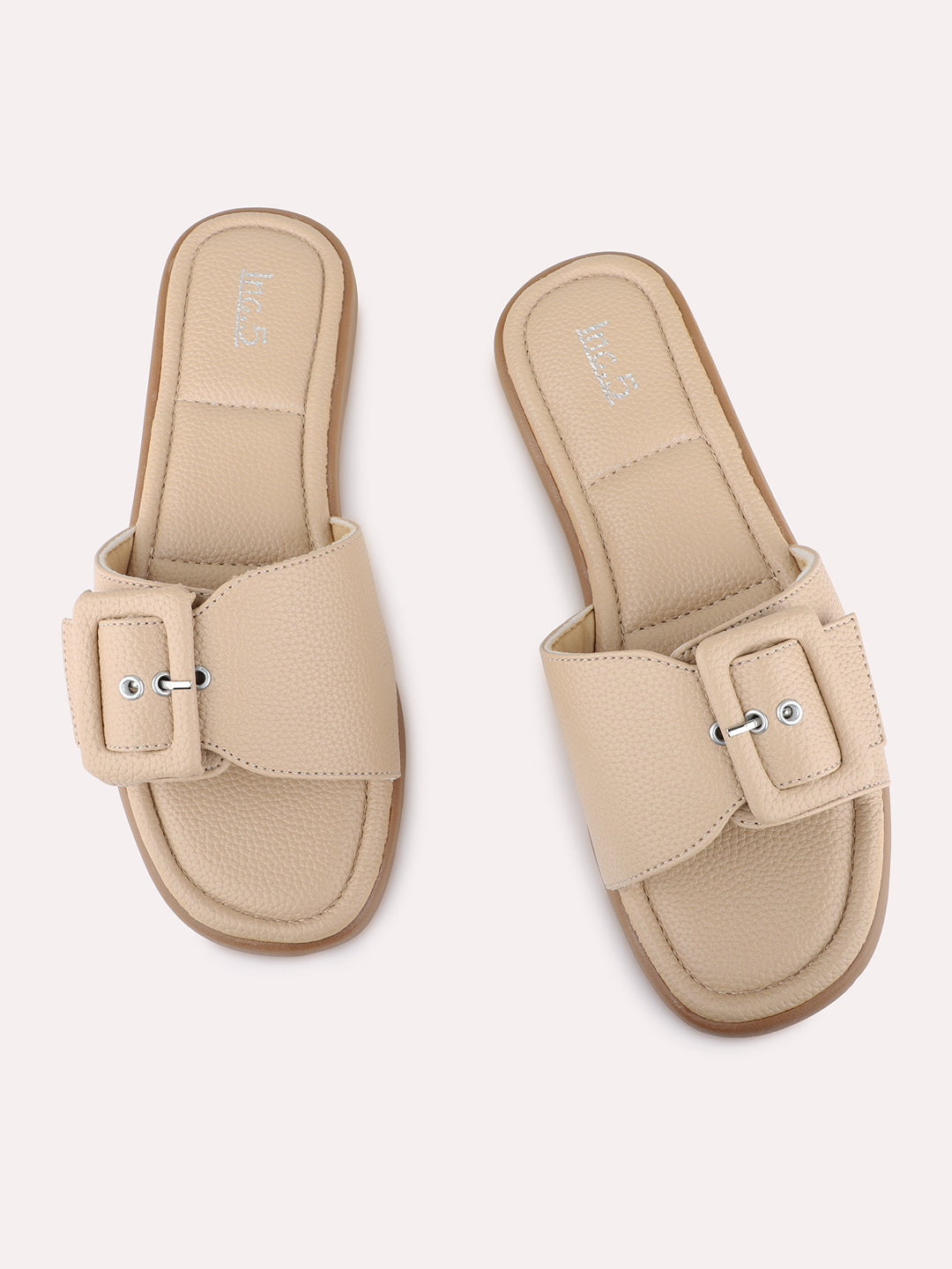 Womens Beige Casual Solid Pattern Open Toe Slip-On Flats