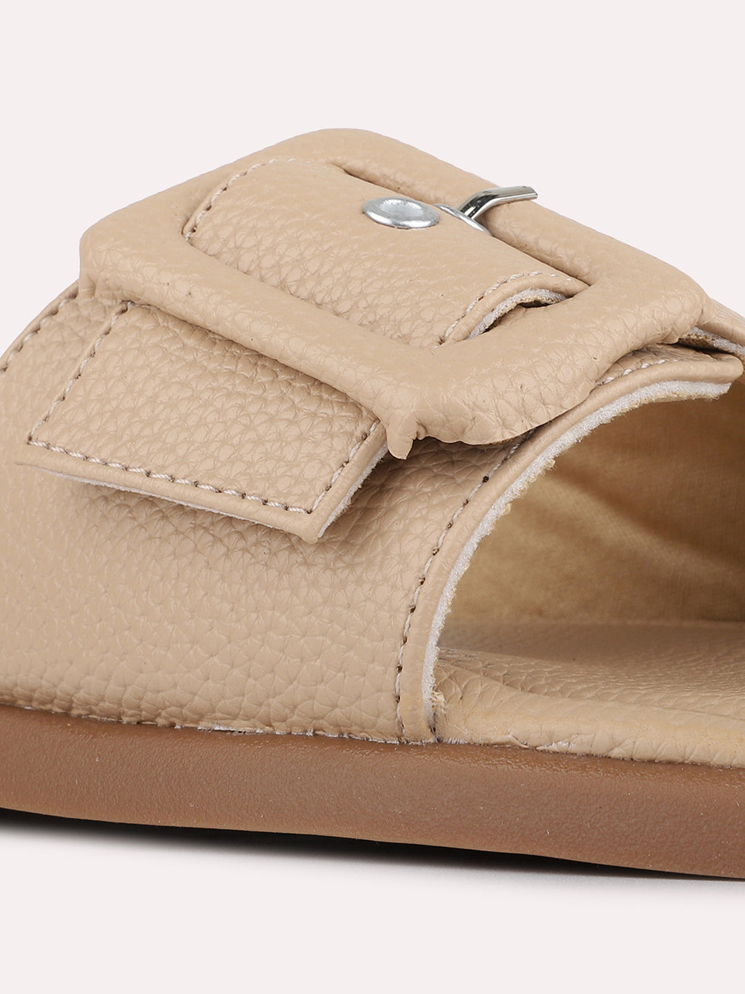 Womens Beige Casual Solid Pattern Open Toe Slip-On Flats