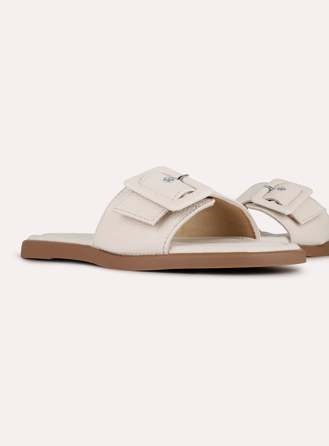 Womens Cream Casual Solid Pattern Open Toe Slip-On Flats