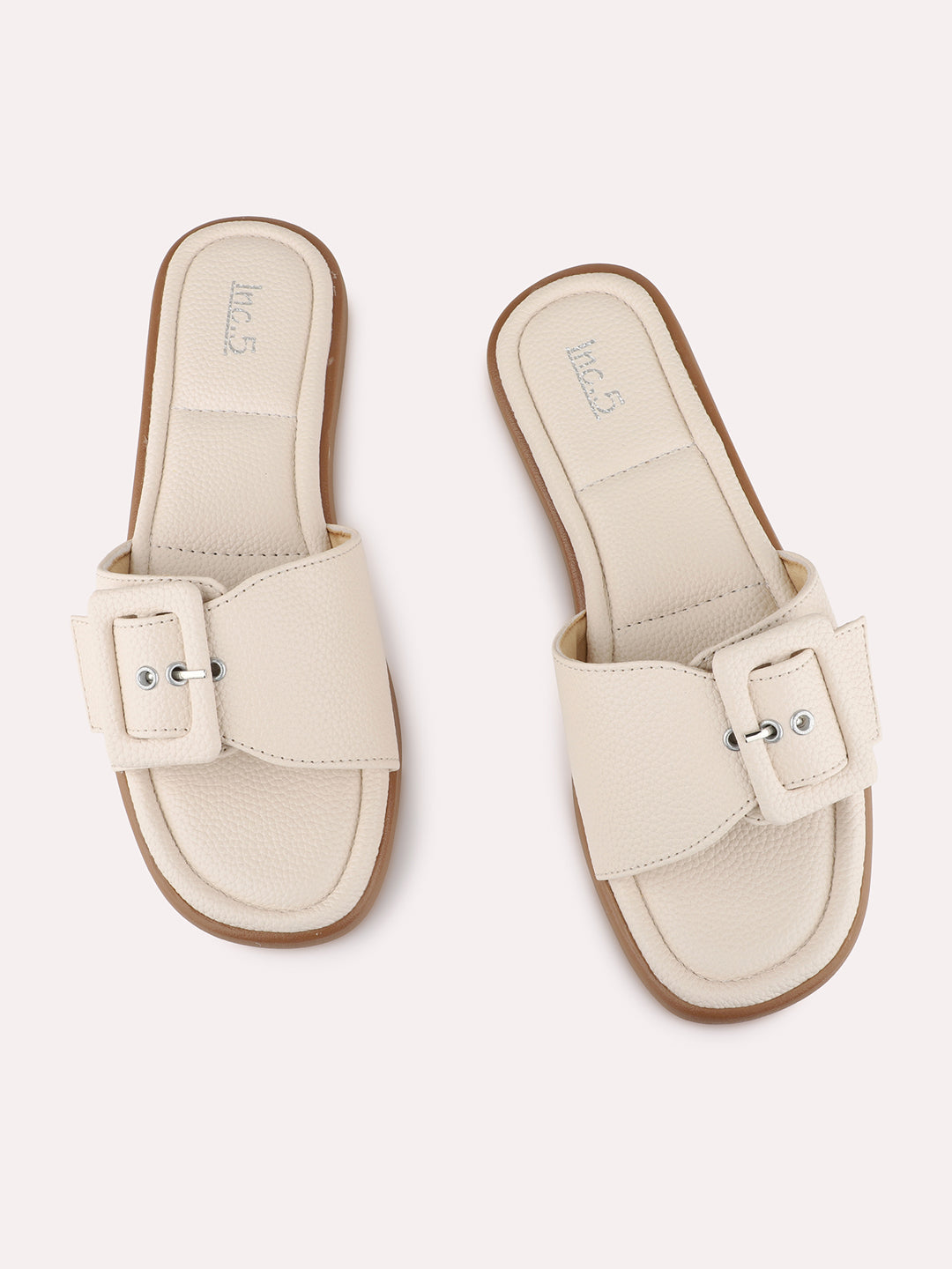 Womens Cream Casual Solid Pattern Open Toe Slip-On Flats