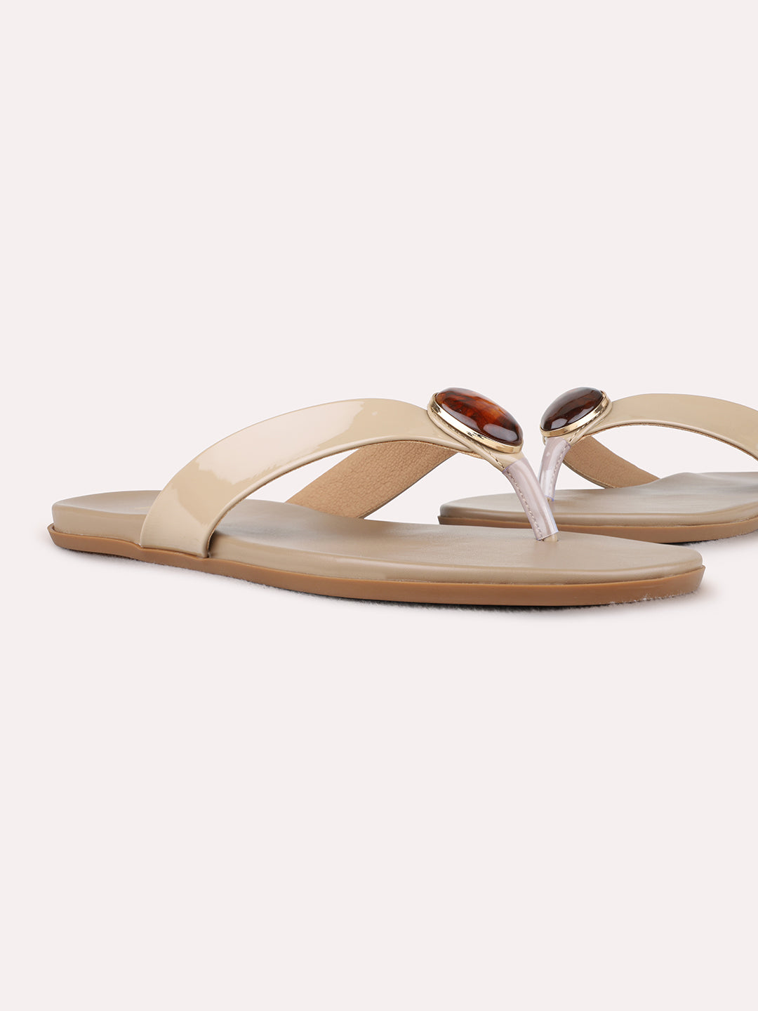 Womens Beige Casual Solid T-Strap Flat Slip-Ons