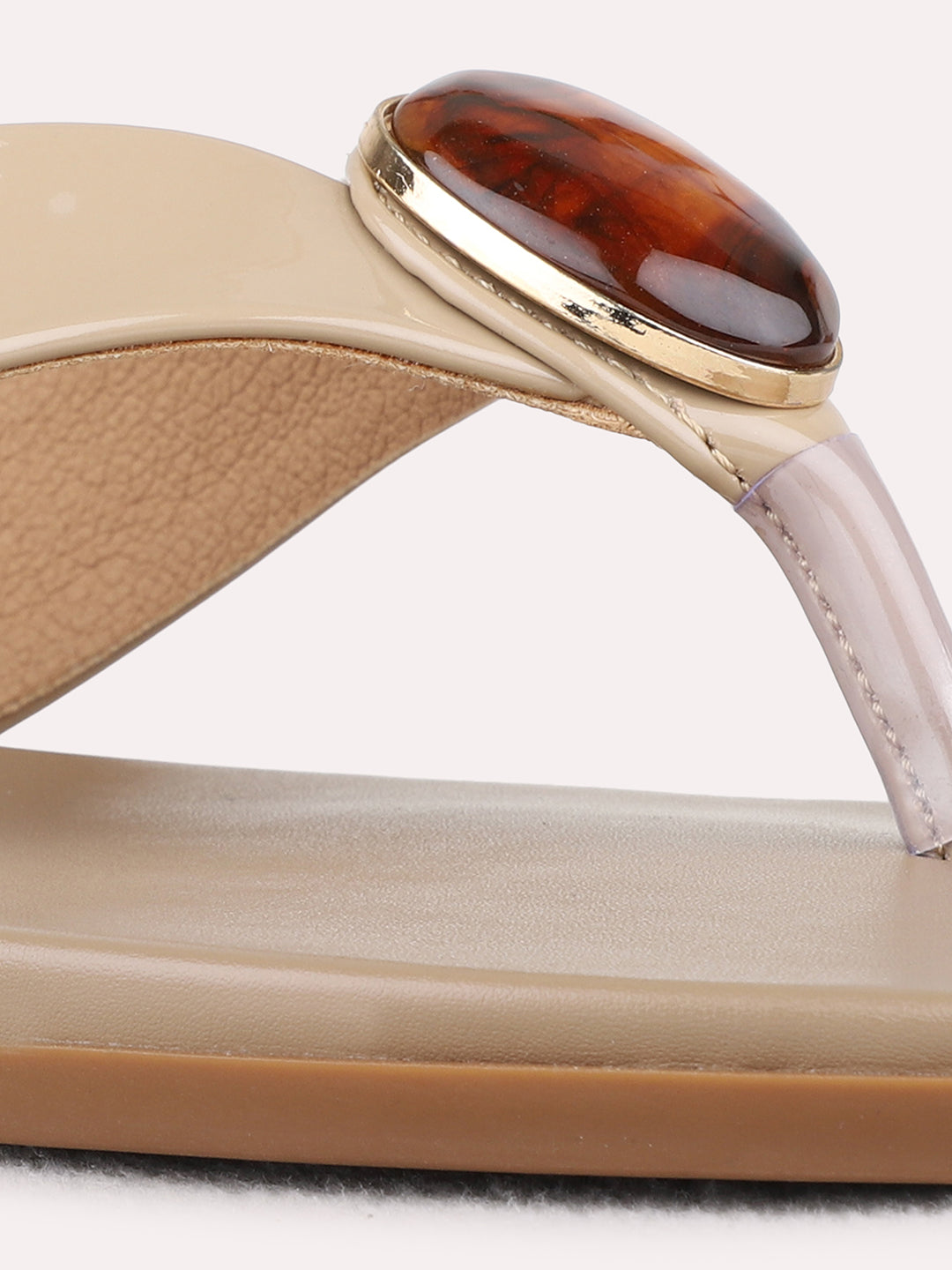 Womens Beige Casual Solid T-Strap Flat Slip-Ons