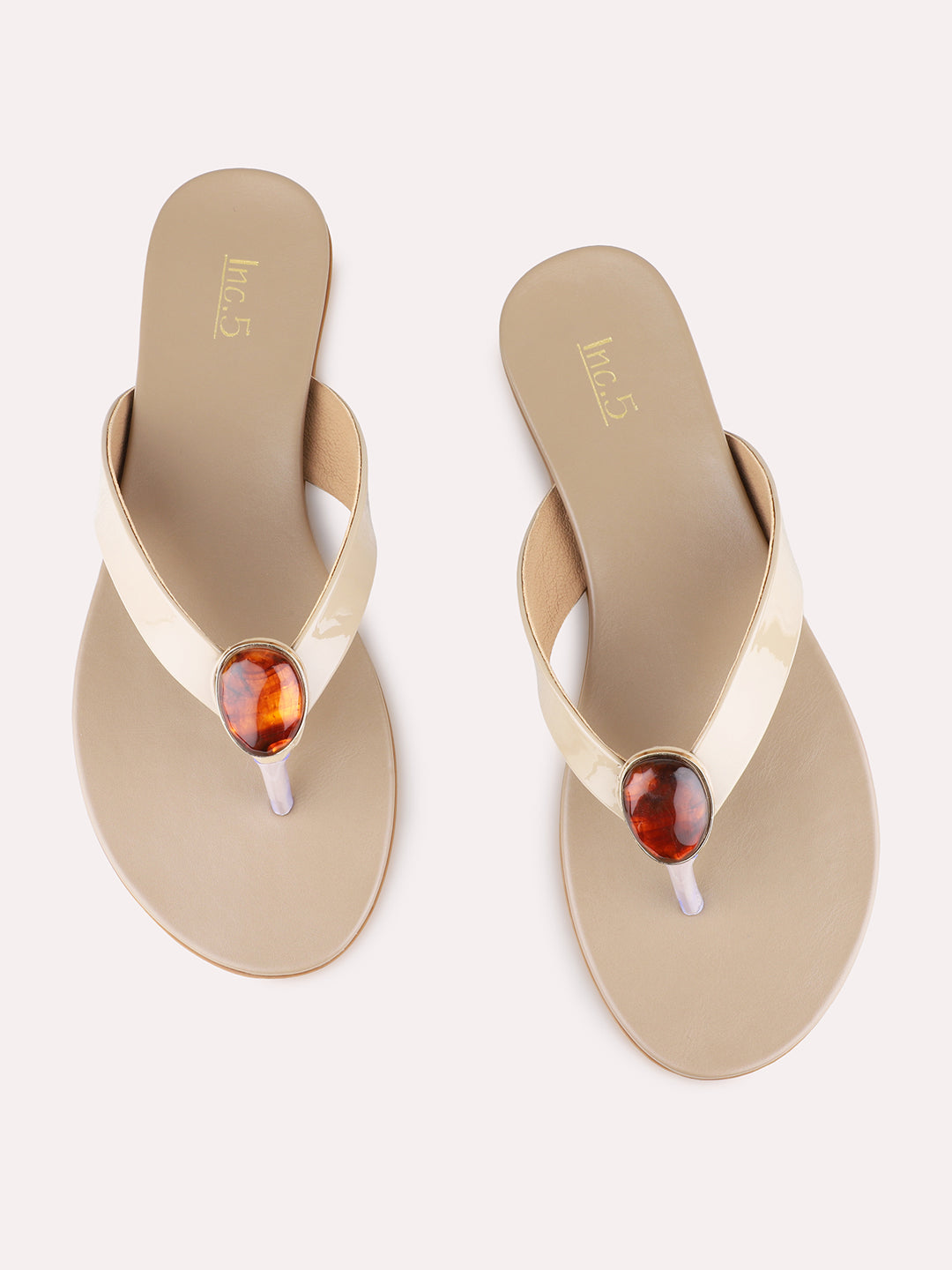 Womens Beige Casual Solid T-Strap Flat Slip-Ons