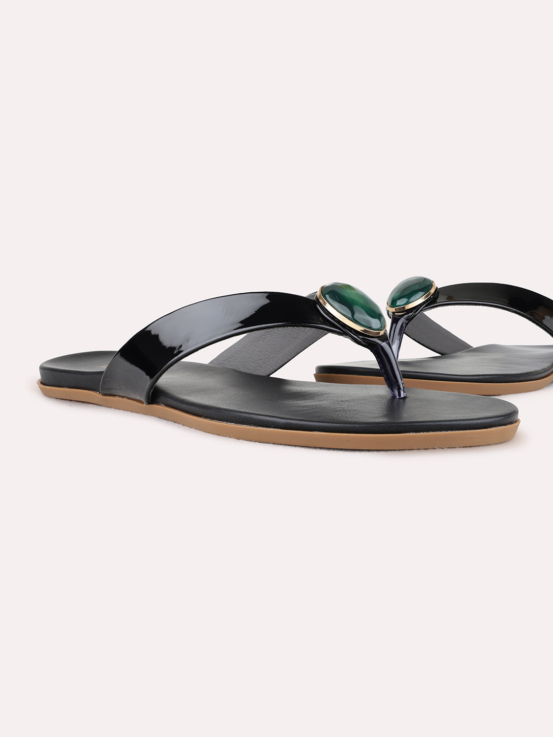 Womens Black Casual Solid T-Strap Flat Slip-Ons
