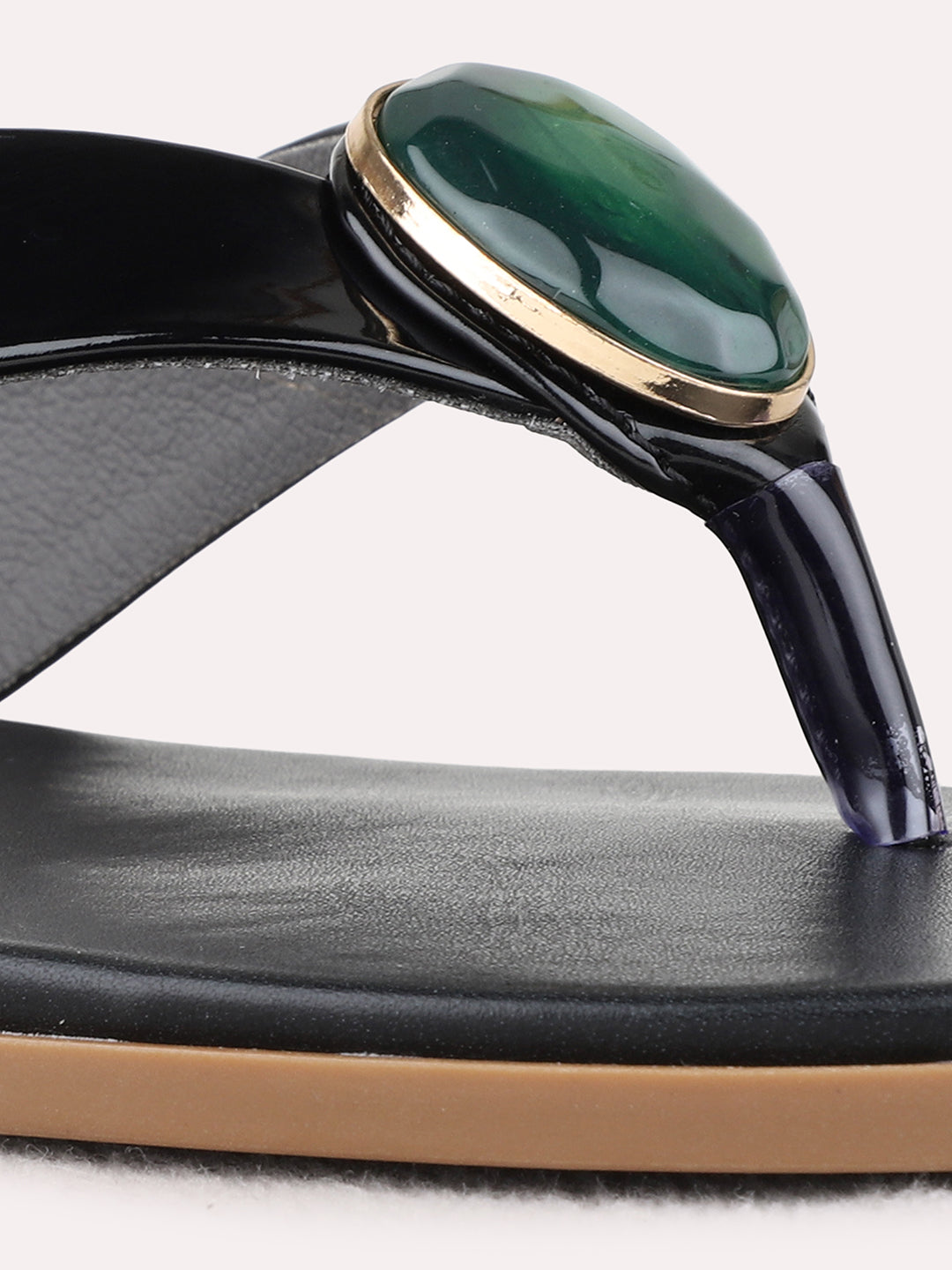 Womens Black Casual Solid T-Strap Flat Slip-Ons