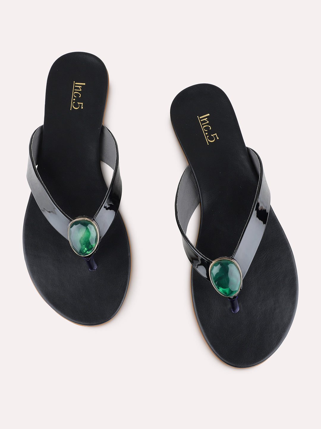 Womens Black Casual Solid T-Strap Flat Slip-Ons