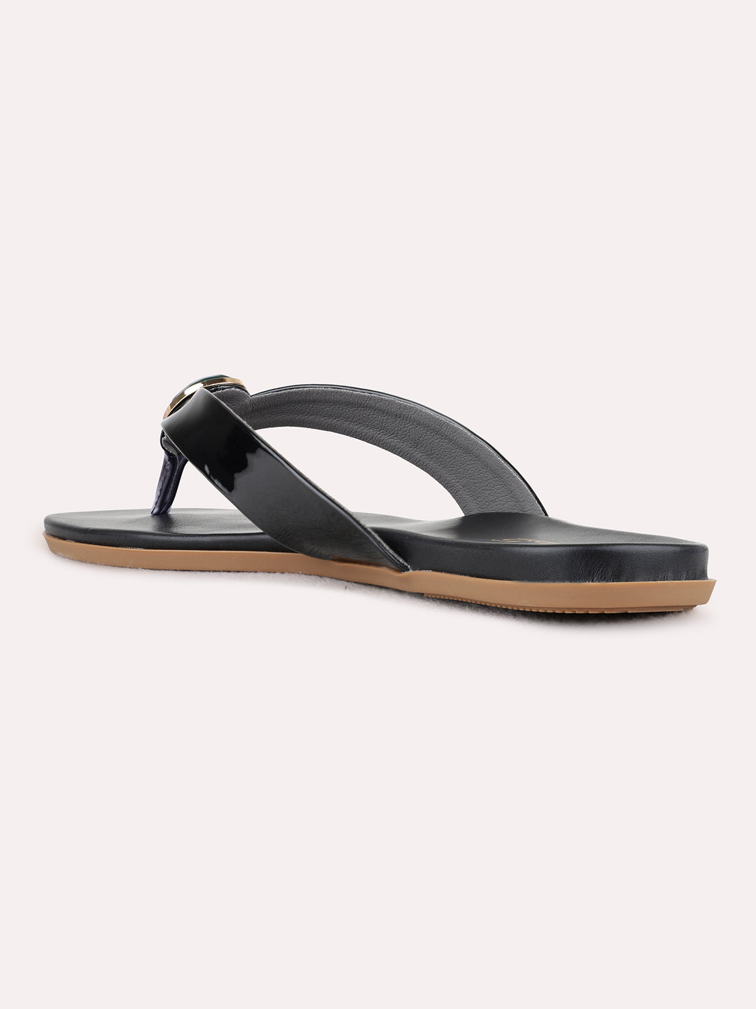 Womens Black Casual Solid T-Strap Flat Slip-Ons