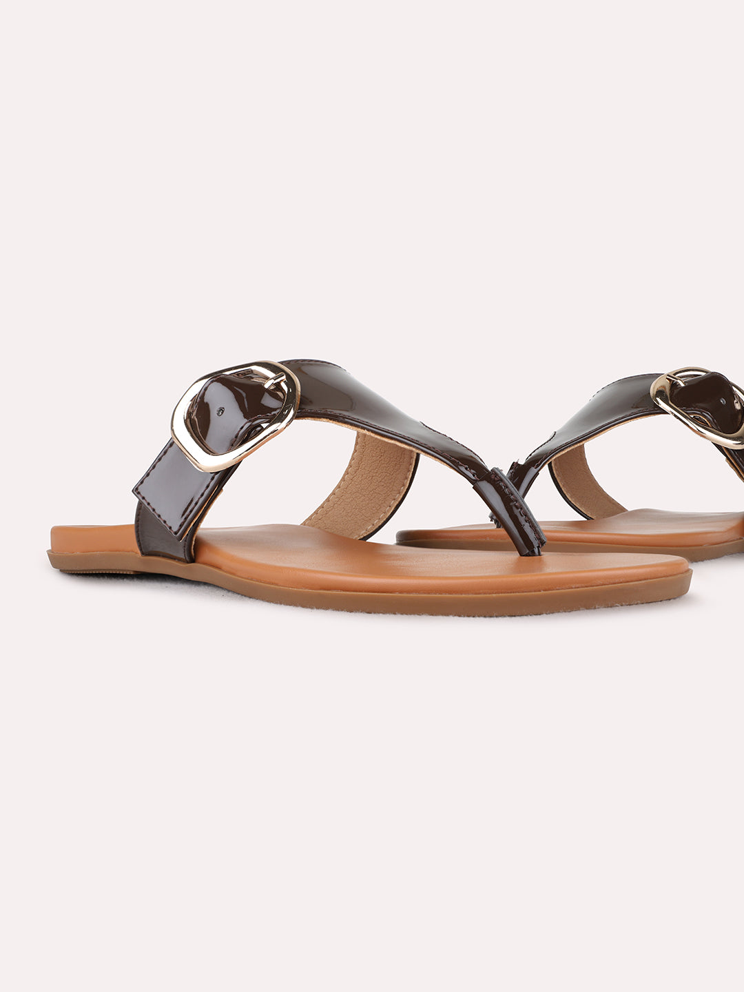 Womens Brown Casual Solid T-Strap Flat Slip-Ons