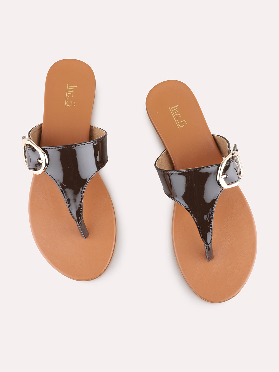 Womens Brown Casual Solid T-Strap Flat Slip-Ons