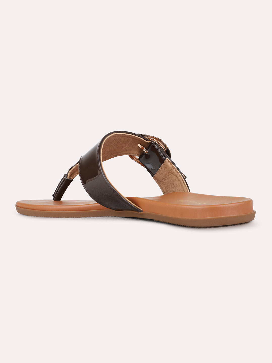 Womens Brown Casual Solid T-Strap Flat Slip-Ons