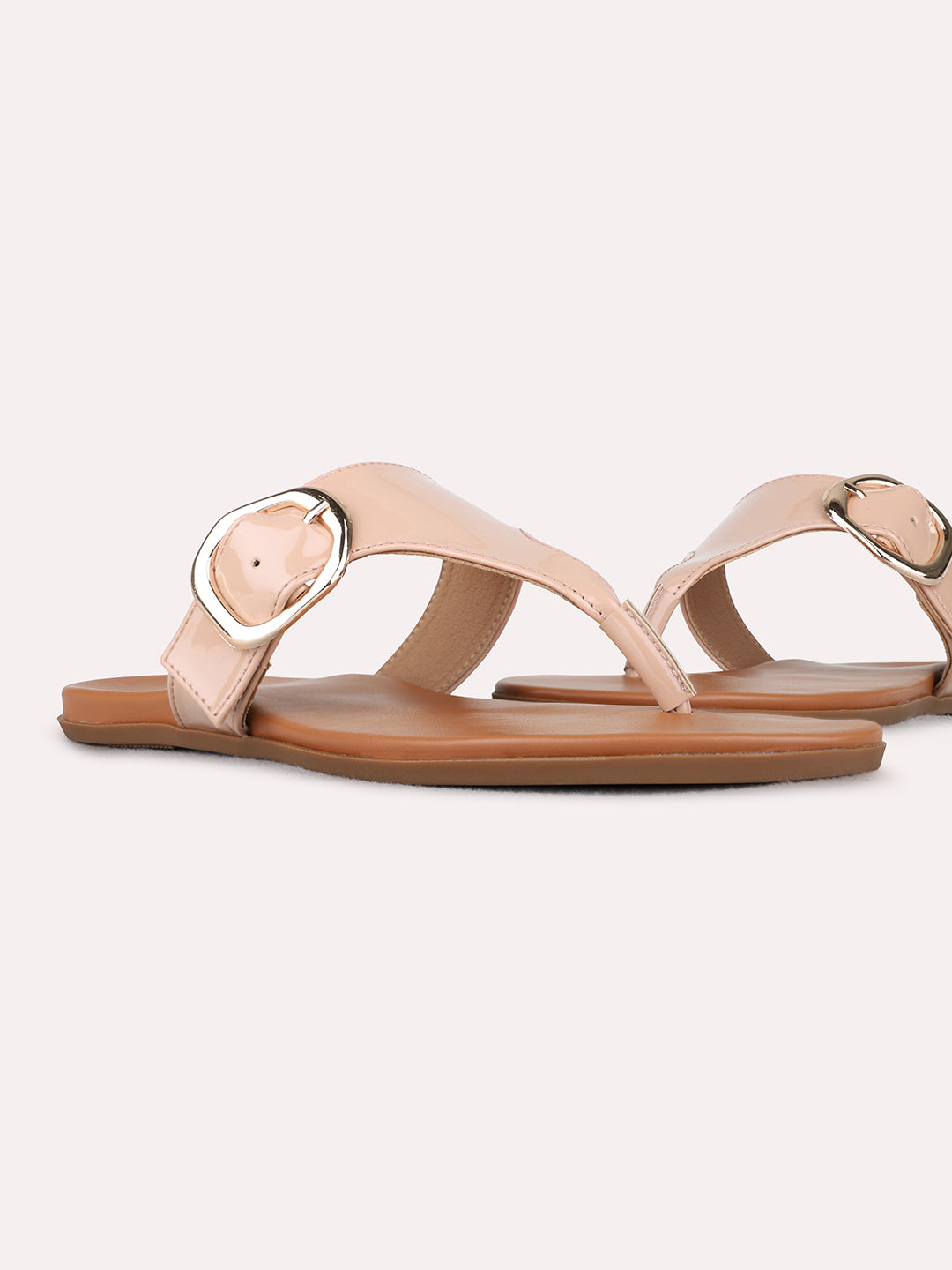 Womens Nude Casual Solid T-Strap Flat Slip-Ons