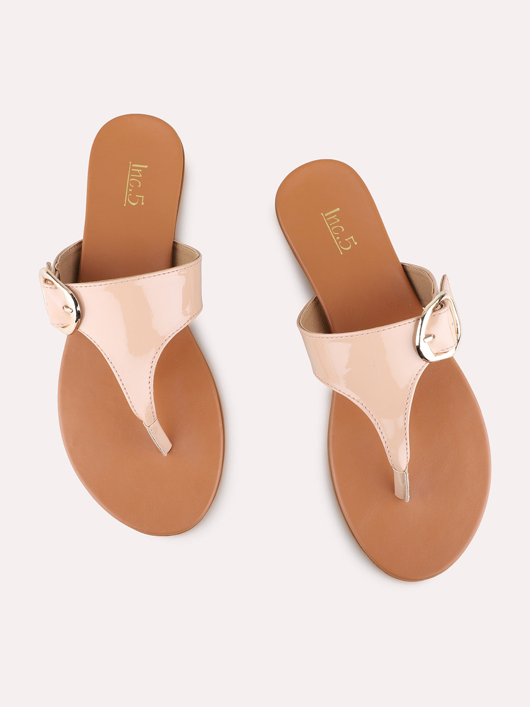 Womens Nude Casual Solid T-Strap Flat Slip-Ons