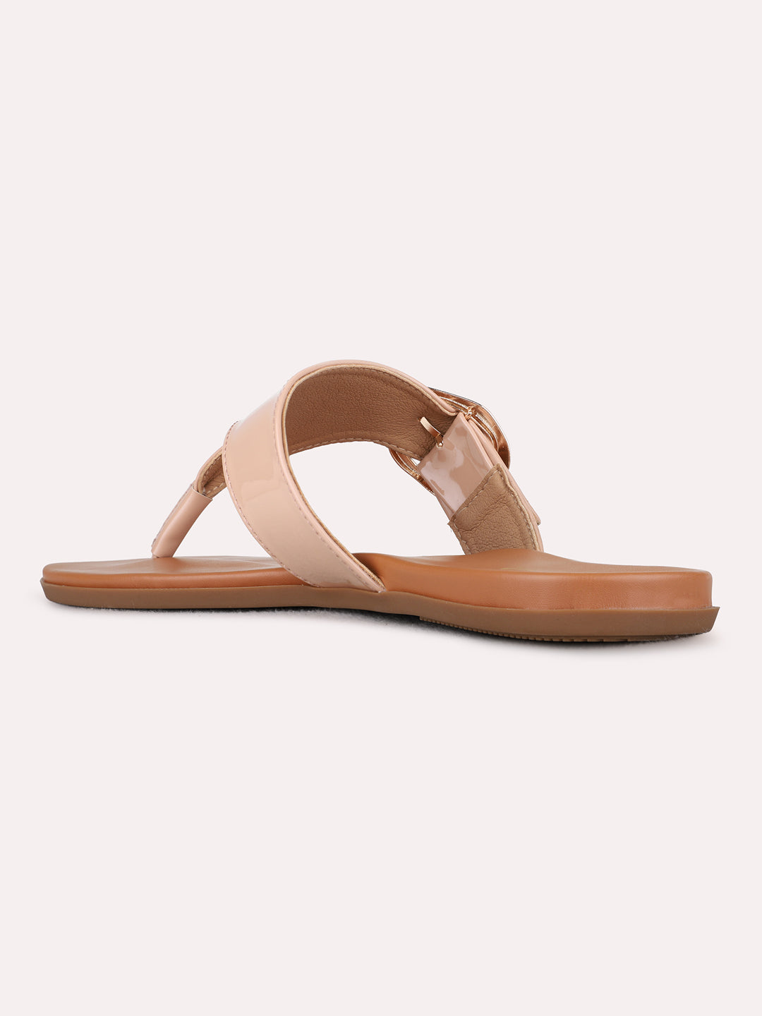 Womens Nude Casual Solid T-Strap Flat Slip-Ons