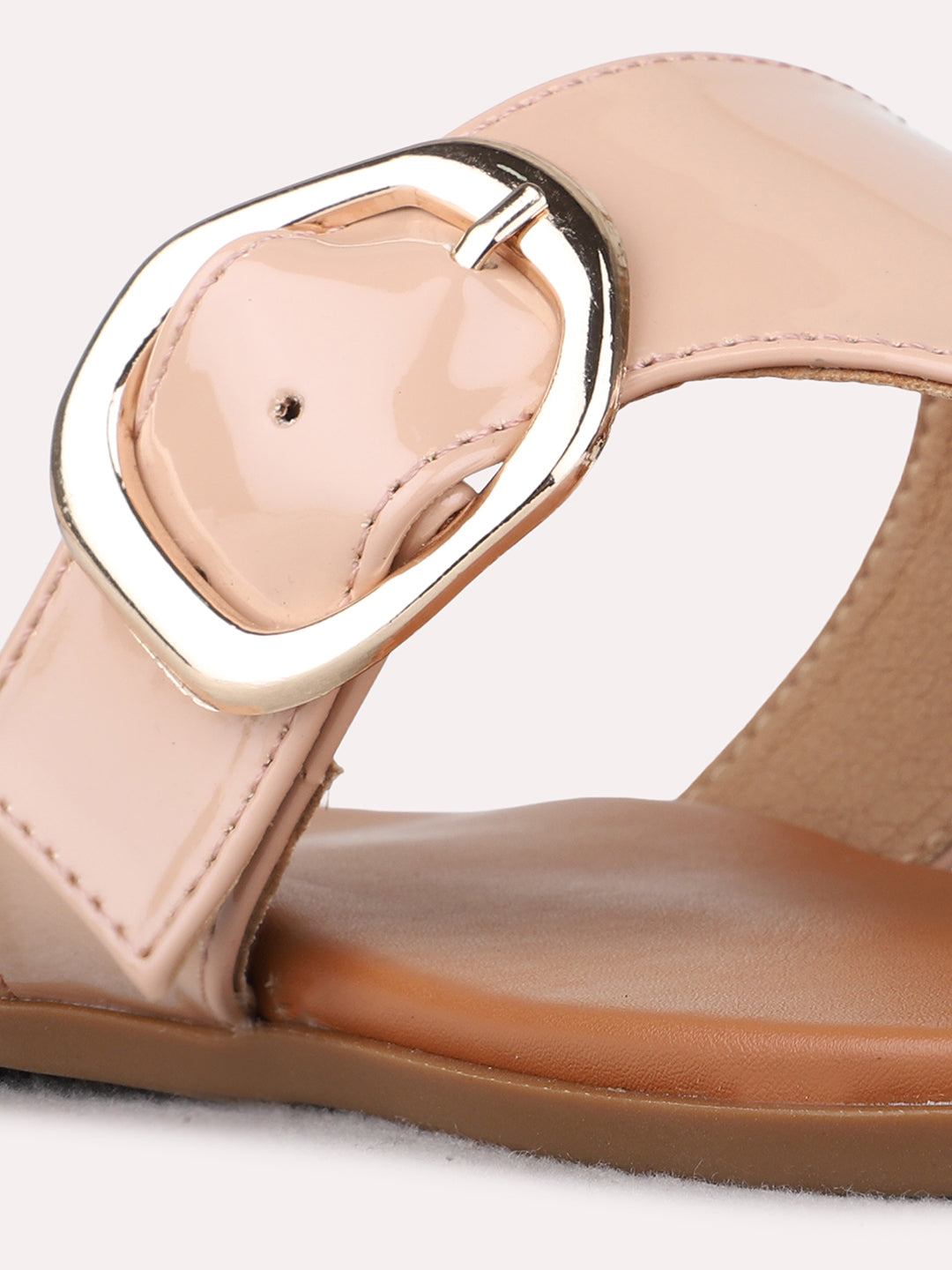 Womens Nude Casual Solid T-Strap Flat Slip-Ons