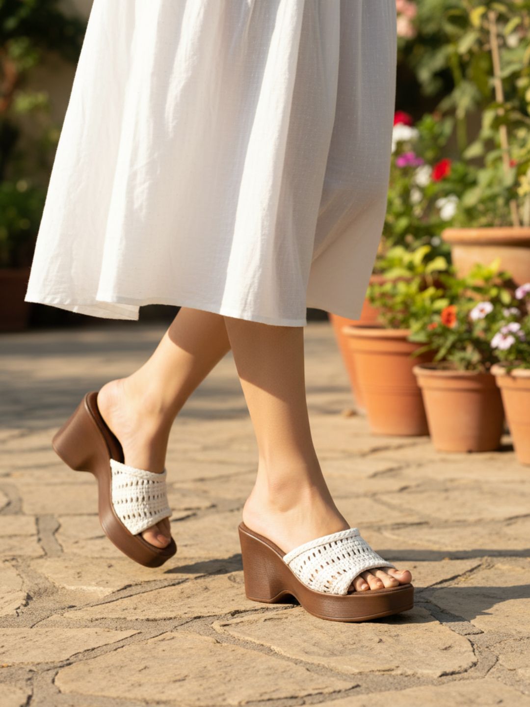 Womens Cream Party Wear Embellished Round Toe Platform Heels