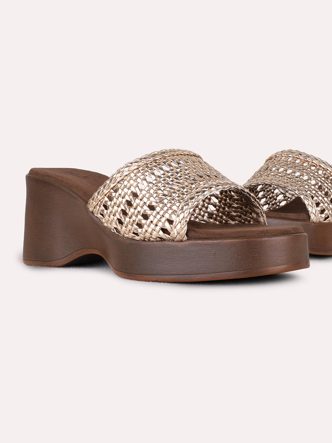 Womens Rose Gold Party Wear Embellished Round Toe Platform Heels
