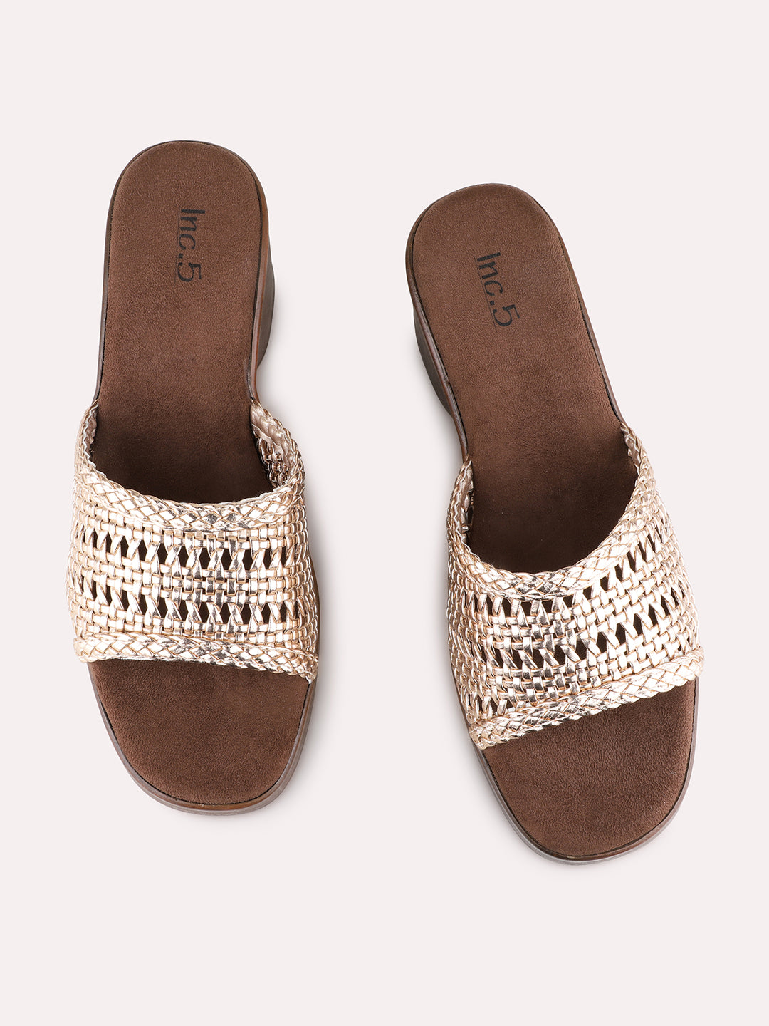 Womens Rose Gold Party Wear Embellished Round Toe Platform Heels