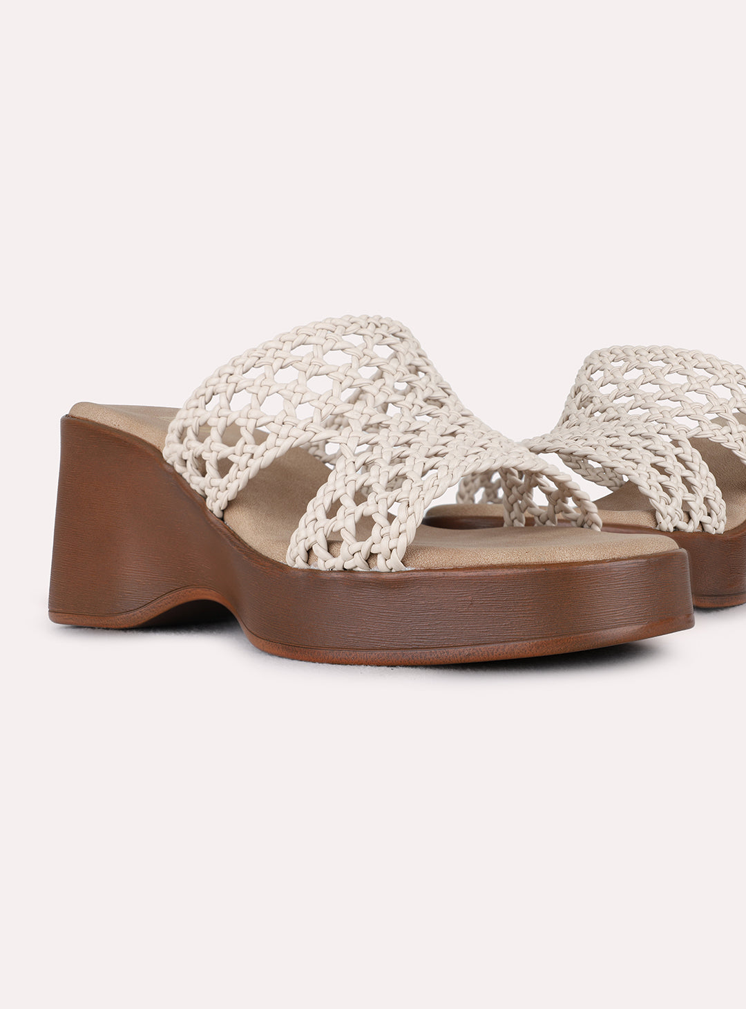 Womens Beige Party Wear Embellished Round Toe Platform Heels