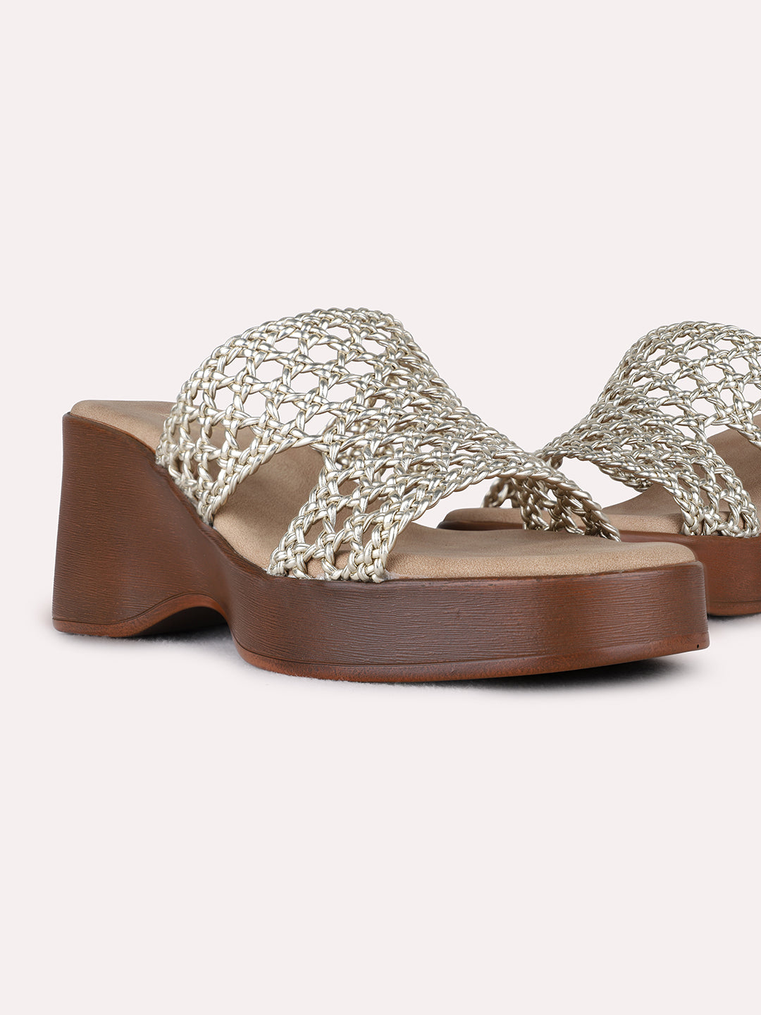 Womens Golden Party Wear Embellished Round Toe Platform Heels
