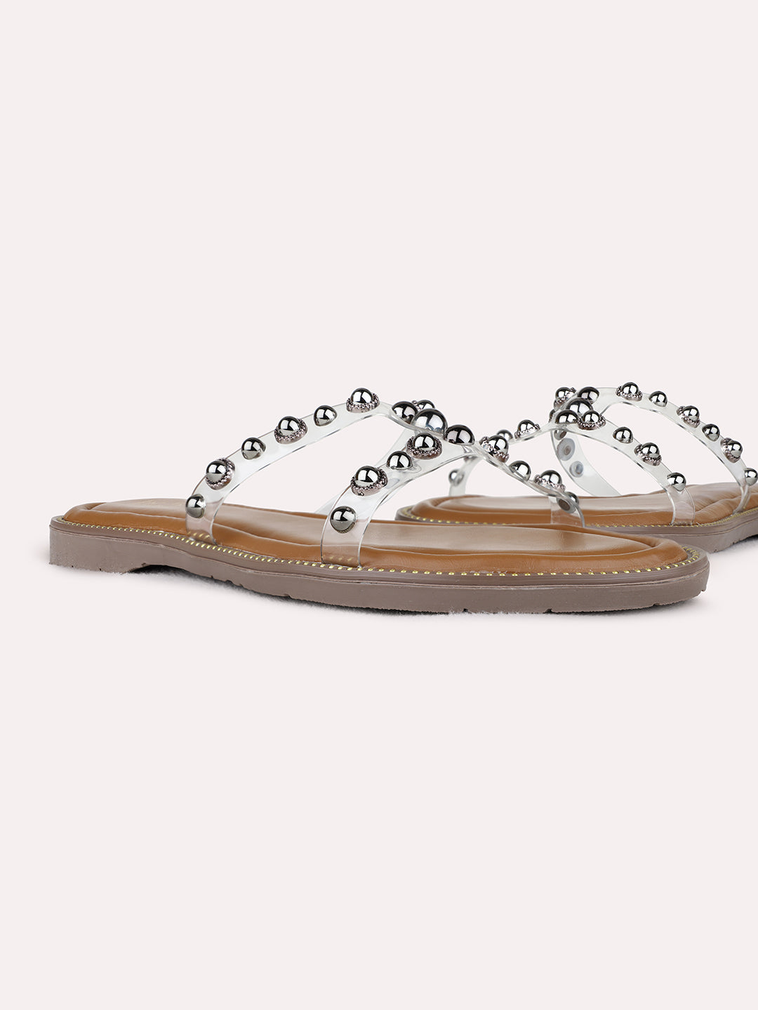 Womens Pewter Ethnic Transparent Open Toe Flat Slip-On Sandals