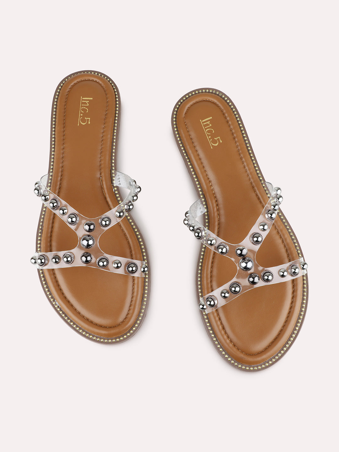 Womens Pewter Ethnic Transparent Open Toe Flat Slip-On Sandals