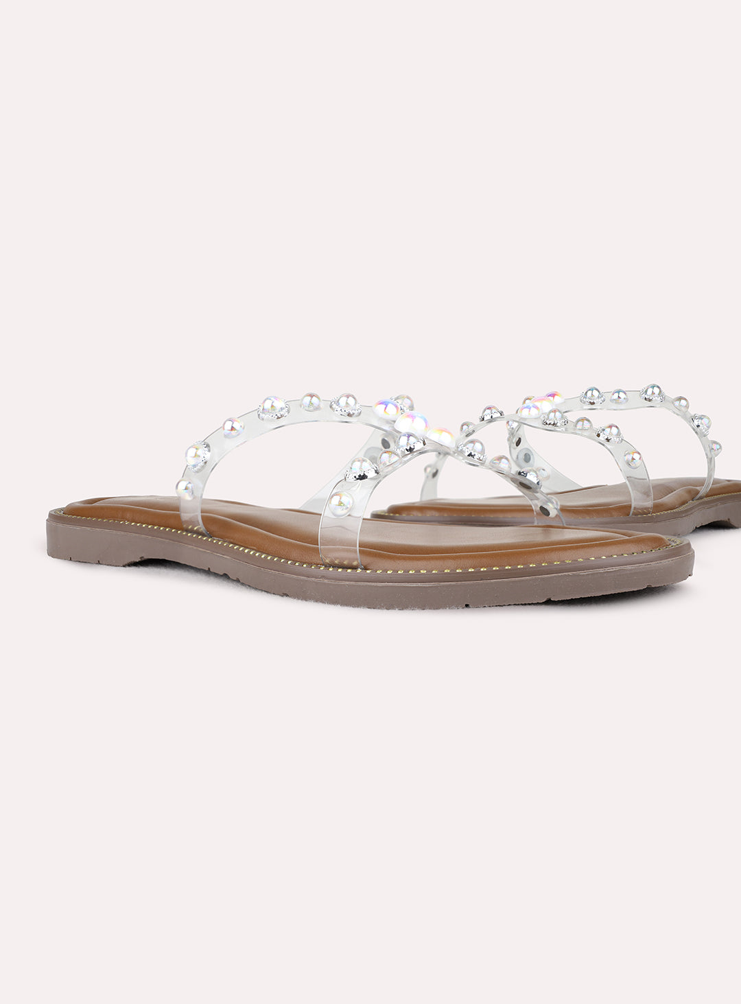Womens Silver Ethnic Transparent Open Toe Flat Slip-On Sandals