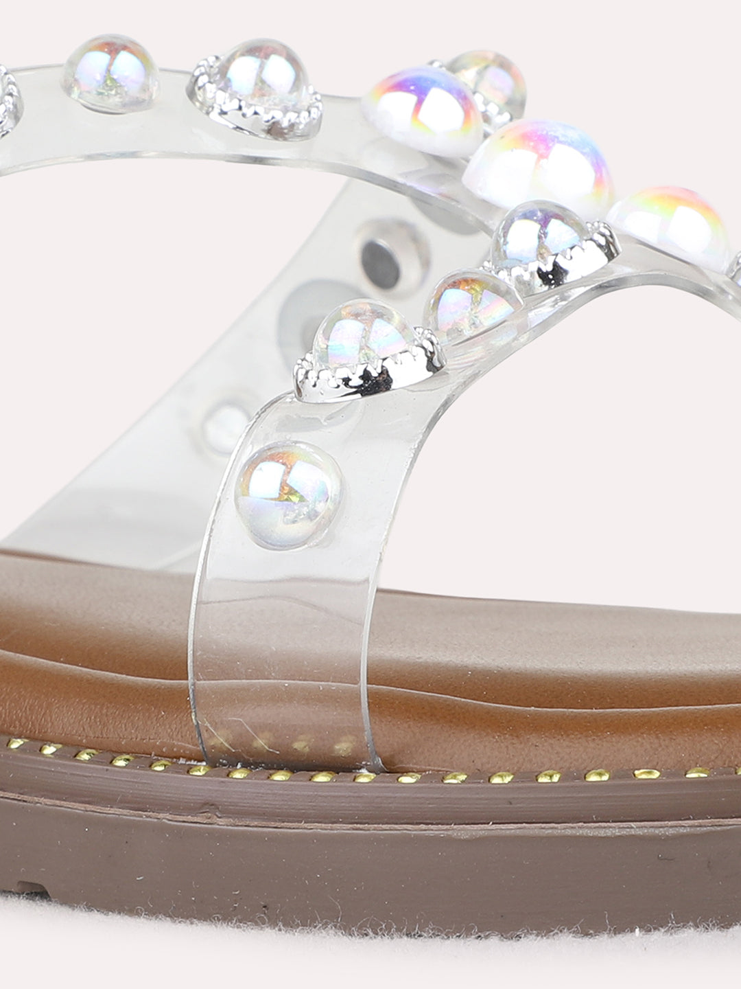 Womens Silver Ethnic Transparent Open Toe Flat Slip-On Sandals