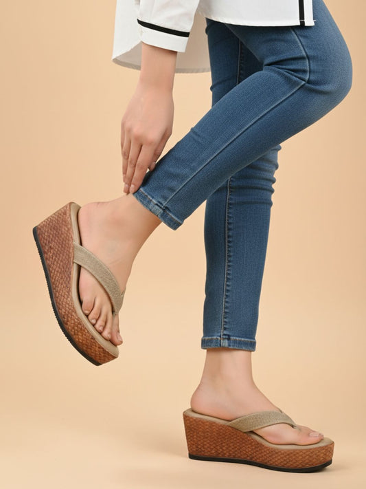 Womens Tan Ethnic Embellished Pattern Round Toe Wedge Heels