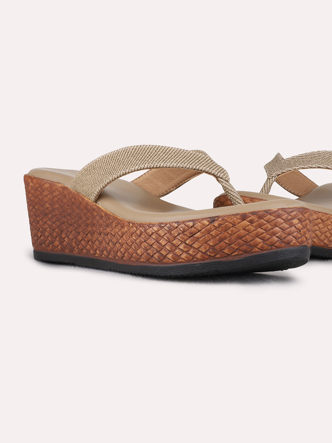 Womens Tan Ethnic Embellished Pattern Round Toe Wedge Heels