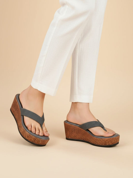 Womens Grey Ethnic Embellished Round Toe Wedge Heels