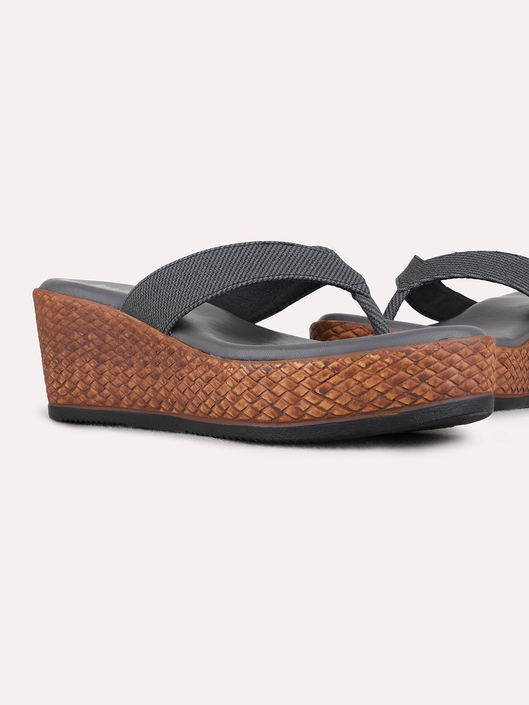 Womens Grey Ethnic Embellished Round Toe Wedge Heels
