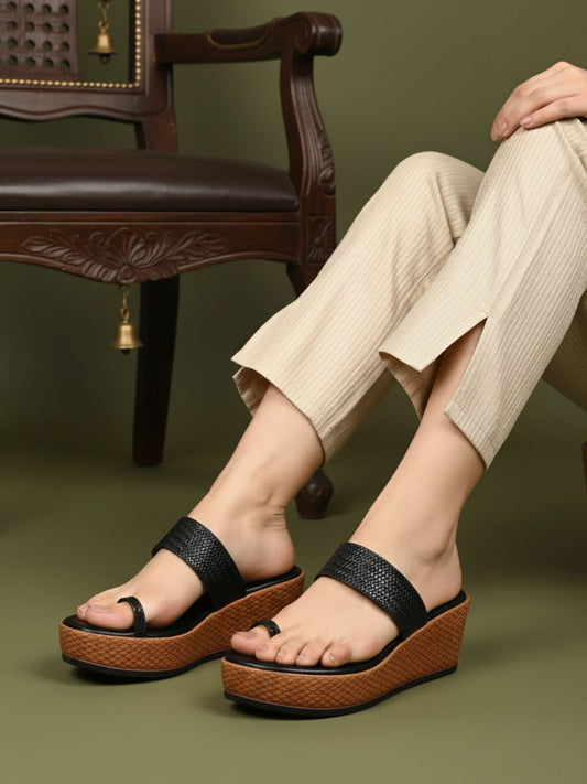 Womens Black Casual Solid Round Toe Wedge Heels