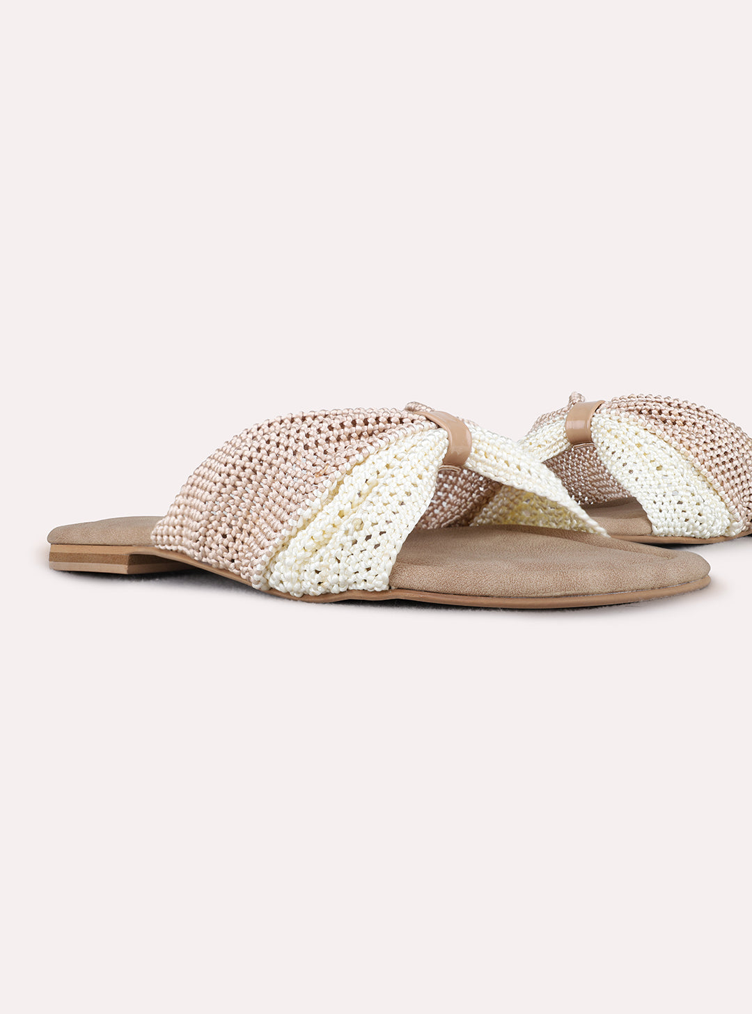 Womens Beige Casual Embellished Open Toe Flat Slip-Ons