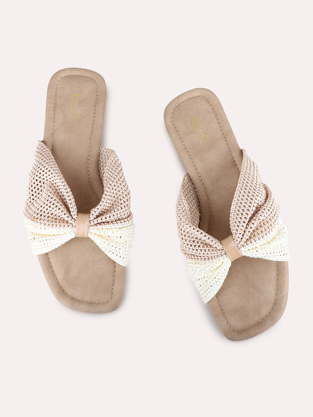 Womens Beige Casual Embellished Open Toe Flat Slip-Ons