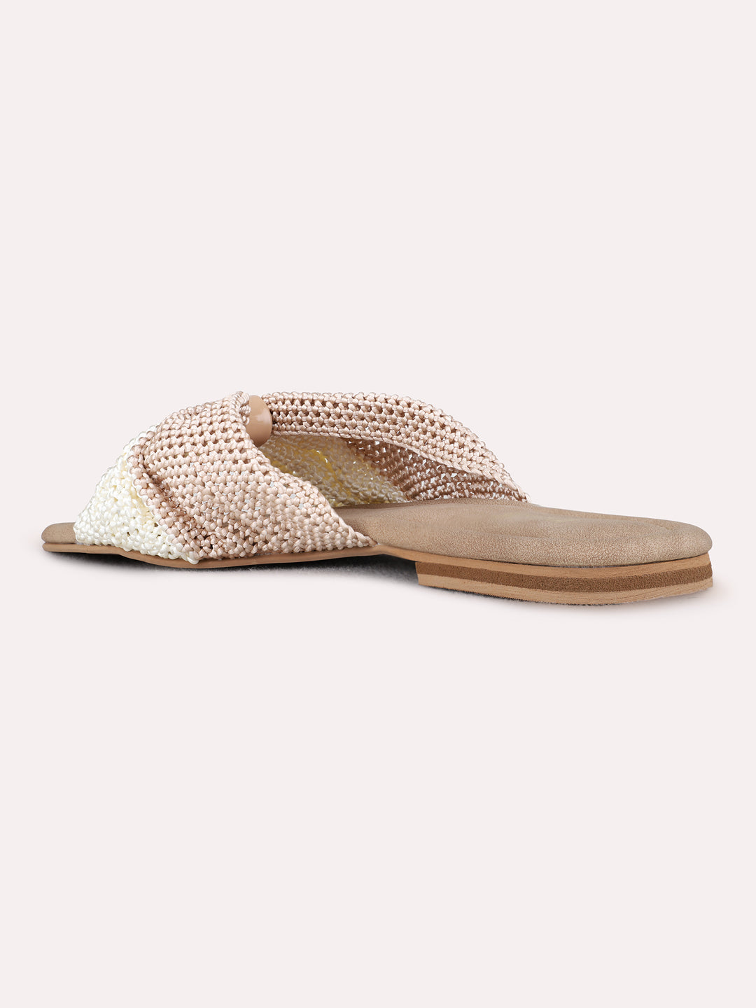 Womens Beige Casual Embellished Open Toe Flat Slip-Ons