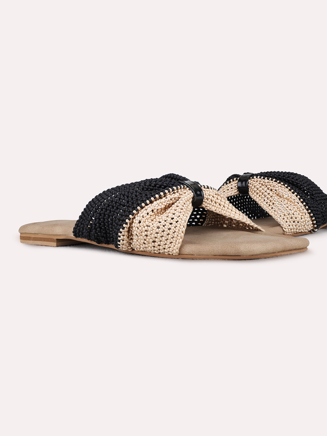 Womens Black Casual Embellished Open Toe Flat Slip-Ons