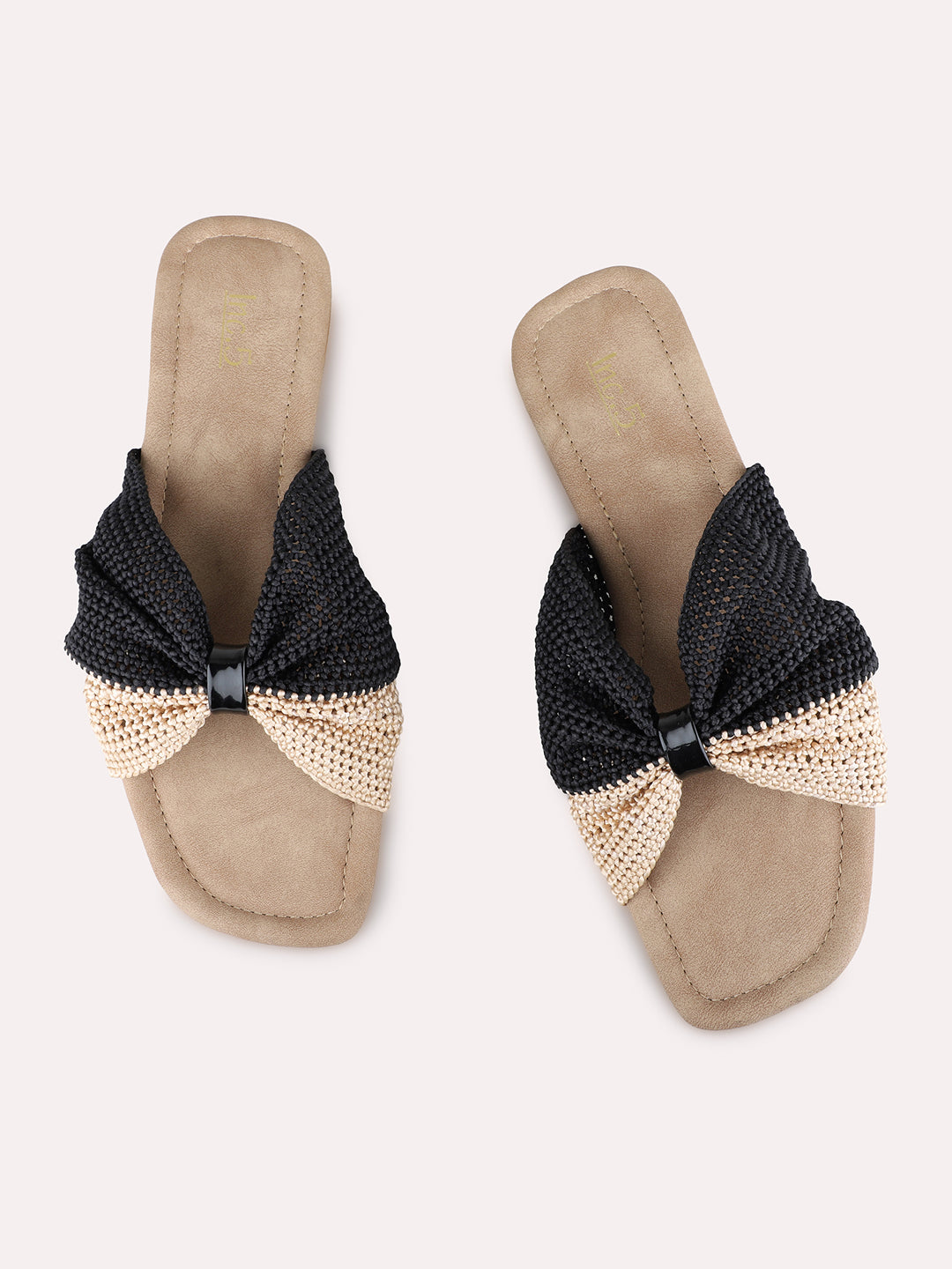 Womens Black Casual Embellished Open Toe Flat Slip-Ons