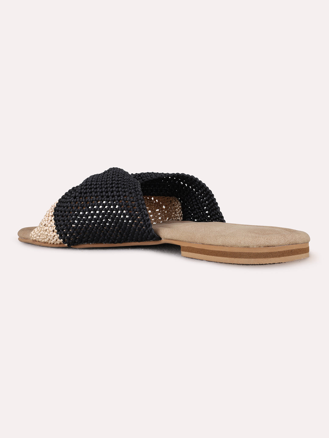 Womens Black Casual Embellished Open Toe Flat Slip-Ons